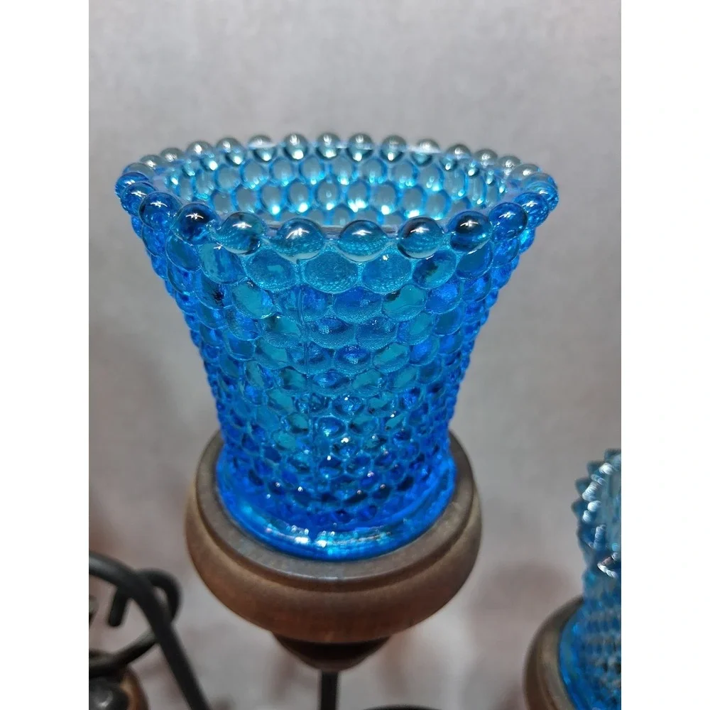 VTG Homco 5 Arm Metal Wood Candelabra With Teal Glass Votive Cups